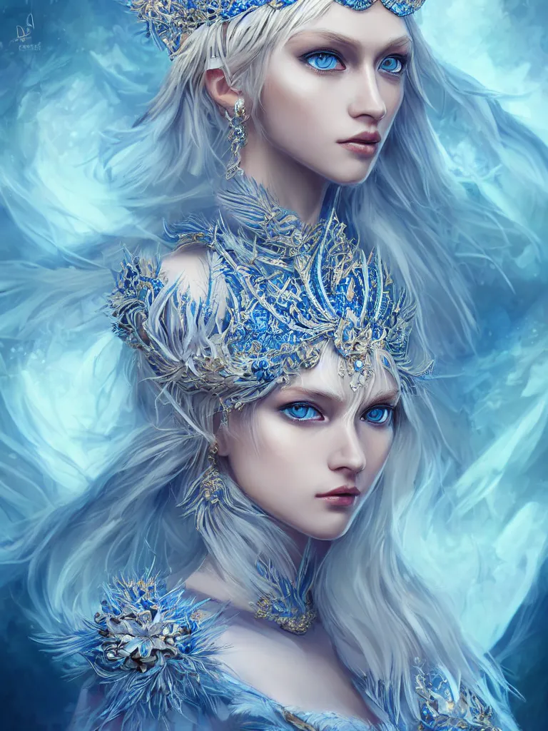 Prompt: A beautiful blonde Slavic woman, highly detailed full body, beautiful blue eyes, detailed intricate blue crown, feathers, wearing fancy clothes, highly detailed figure, fractal crystal, epic composition, ultra wide-shot, dynamic pose, concept art, beautifully lit, digital painting, smooth, desaturated color theme, character design, sharp focus, elegant, intricate, post processing, artstation, by WLOP, James Jean, Victo Ngai, ryohei hase