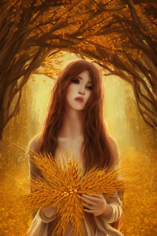 Image similar to The goddess of autumn harvest, tranquility, beautiful face, long hair, wearing wheat yellow gauze, comic style, virtual engine, 3D, sense of atmosphere, goddess, by wlop