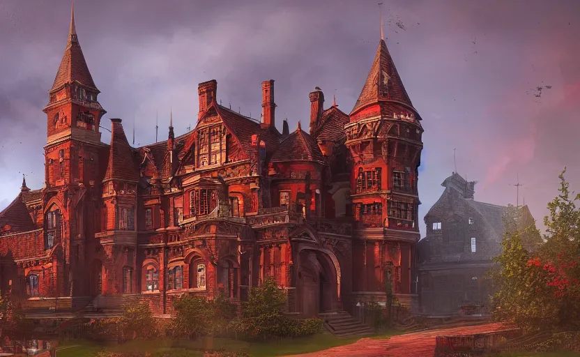 Image similar to colonial and gothic architecture castle with red bricks, high detailed, cinematic landscape, atmospheric lighting, trending on artstation, a fantasy art by feng zhu