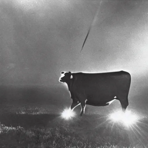 Prompt: vintage photograph from the 1 9 3 0 s of a cow being beamed up by aliens