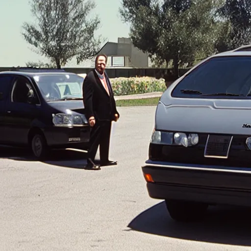 Prompt: 2 0 0 2 john lasseter wearing a black suit and necktie in a parking lot during the afternoon. he is loading bags of groceries into a minivan.