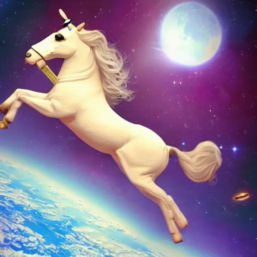 Prompt: amouranth riding a unicorn in space