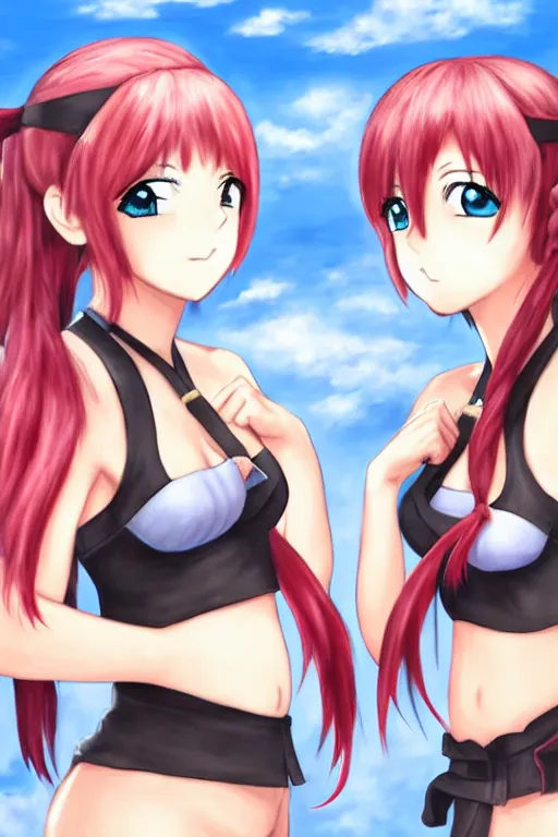 Prompt: two identical female fighters with pigtails facing each other, detailed anime art