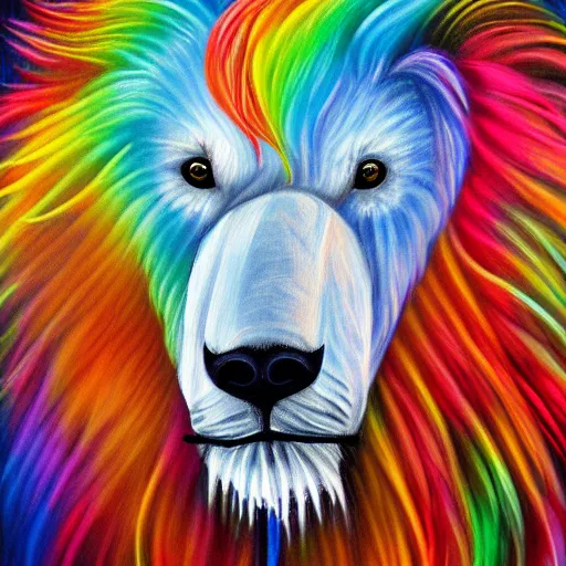 Image similar to cute fluffy polar bear with long colorful flowing lion mane with mohawk hairstyle hybrid animal detailed painting 4 k