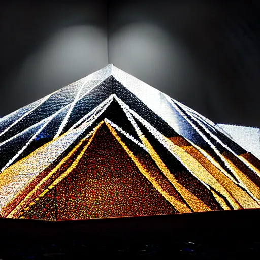 Image similar to a mountain made out of computer screens that display bitcoin logos, cinematic, post apocalyptic landscape, harsh contrast lighting, in the style of photorealism, made by richard estes robert cottingham gerhard richter robert longo ellen altfest