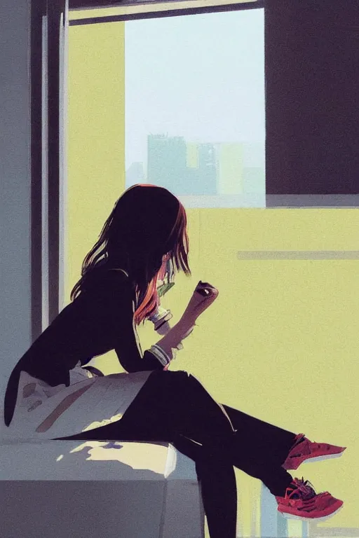 Image similar to A ultradetailed beautiful panting of a stylish woman sitting next to a window, she is wearing streetwear, bright sunny day, Oil painting, by Ilya Kuvshinov, Greg Rutkowski and Makoto Shinkai