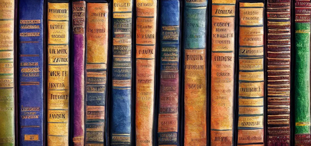 Image similar to a zoomed in photograph of a bookshelf, books with intricate bindings, colorful, photorealistic digital art