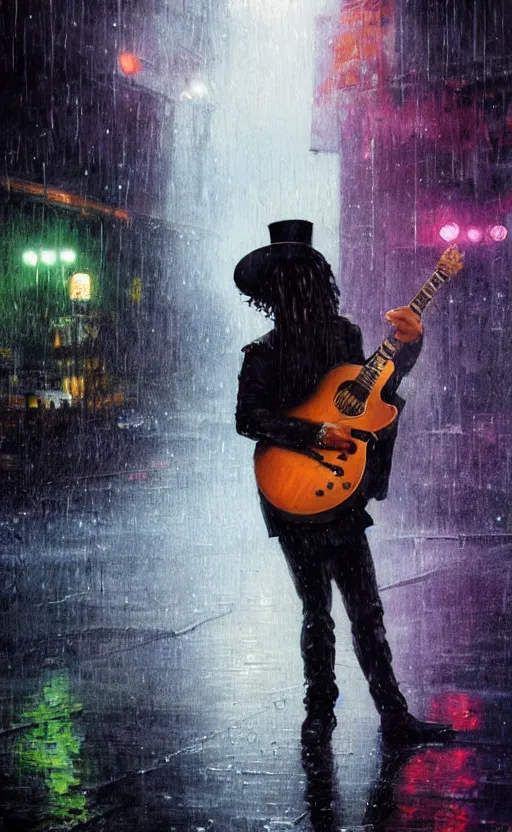 Image similar to a painting of slash playing the guitar, rainy night, lights, particles, depth of field, raindrops, crowd, lights, top hat by greg rutkowski, featured on artstation, epic composition, dramatic theme, cgsociety, deviantart, conceptartworld, screenshot from guitarhero cutscene