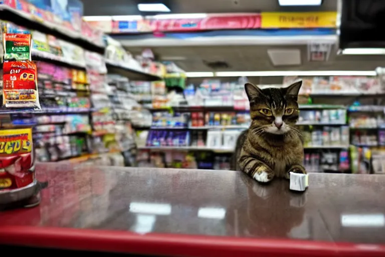 Image similar to cat on the counter in 7 - eleven next to a pack of cigarettes wide angle lens