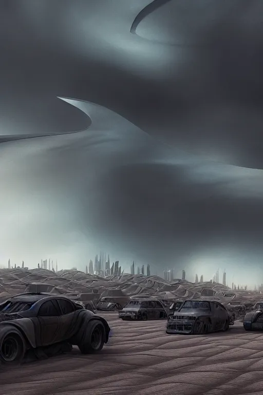 Image similar to zaha hadid buildings in the middle of a mad max desert scene, trending on artstation, cinematic matte painting, stormy weather, extreme detail photo quality, dark moody colors, featured on behance