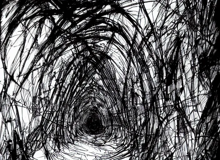 Image similar to light at the end of the tunnel by tsutomu nihei, inked, minute details, desolation, hyper realistic, cosmic horror, biomechanical, beautiful