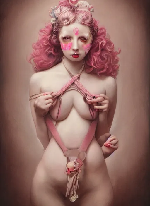 Image similar to pop surrealism, lowbrow art, realistic seductive cute woman painting, pink body harness, japanese shibari, hyper realism, muted colours, rococo, natalie shau, loreta lux, tom bagshaw, mark ryden, trevor brown style,