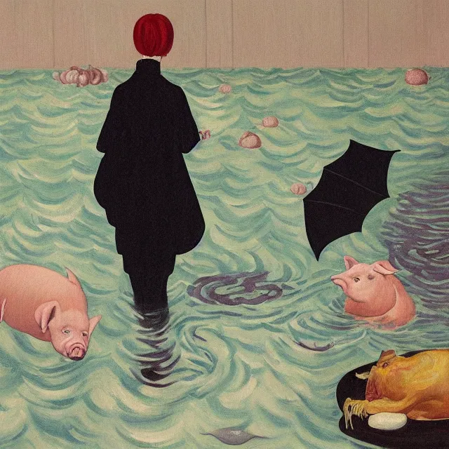 Image similar to tall female emo artist holding a pig in her flooded bathroom, octopus, water gushing from ceiling, painting of flood waters inside an artist's bathroom, a river flooding indoors, pomegranates, pigs, ikebana, water, octopus, river, rapids, waterfall, black swans, canoe, berries, acrylic on canvas, surrealist, by magritte and monet