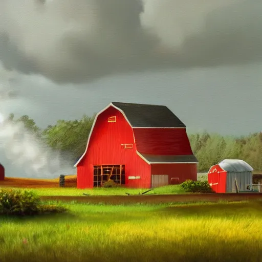 Image similar to Painting of a farm with a hurricane in the background, realistic, digital art, trending on artstation