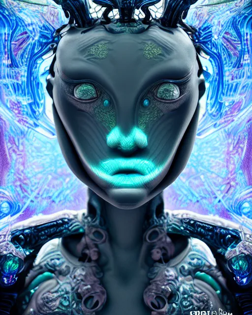 Prompt: symbiogenesis alien hybrid humanoid androgyne with dragon features, inter dimensional crown, concept art, sculpted iridescent glass, translucidluminescence, intricate detail, style by james jean, circuitry, organic detail, cinematic, epic wide shot, ultra detailed, sharp focus, smooth, cinematic lighting, cinematic detail, composition, photorealistic, 8 k render