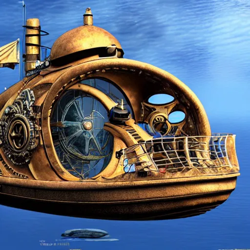 Image similar to hyper realistic full side view of captain nemo's steampunk nautilus submarine designed to look like a fish with fins, porthole windows, retrocore, cyber steampunk 8 k 3 d