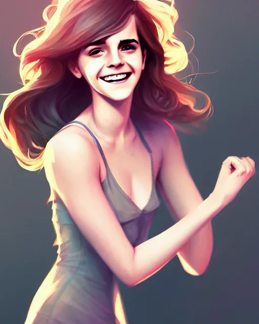 Image similar to beautiful full body Emma Watson smiling, art by lois van baarle and loish and ross tran and rossdraws and sam yang and samdoesarts and artgerm, digital art, highly detailed, intricate, sharp focus, Trending on Artstation HQ, deviantart, unreal engine 5, 4K UHD image