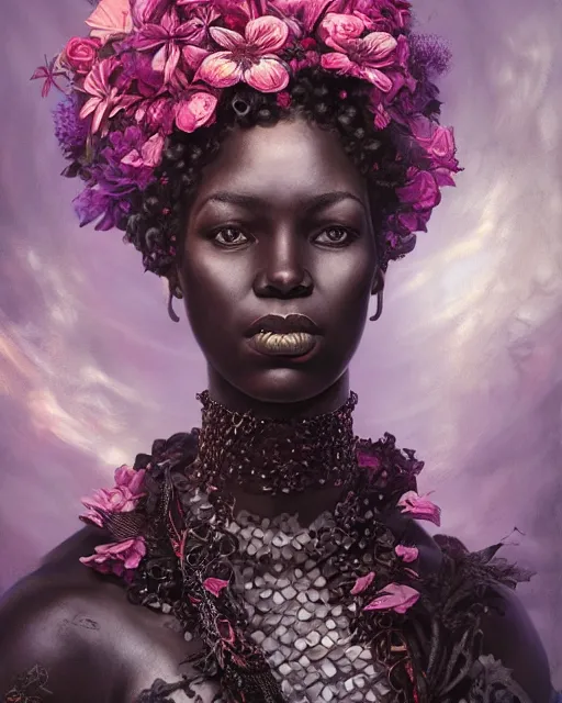 Image similar to portrait of the black african queen of the underworld, surrounded by flowers by karol bak, james jean, tom bagshaw, rococo, sharp focus, trending on artstation, cinematic lighting, hyper realism, octane render, 8 k, hyper detailed.