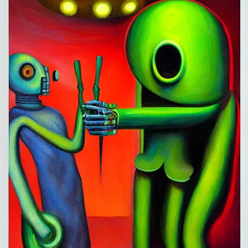 Image similar to alien robot shaman, dystopian, pj crook, edward hopper, oil on canvas