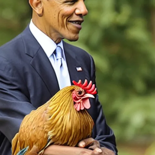 Prompt: photo of president obama holding a rooster,