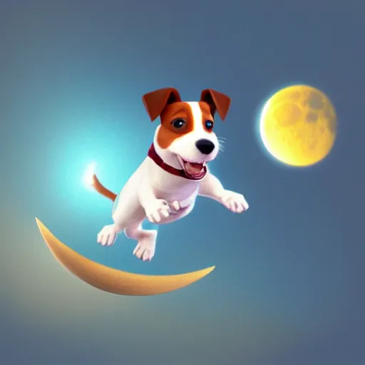 Image similar to cute pixar jack russel terrier, jumping over the smiling moon, concept art, pixar, disney studios, dreamworks animation