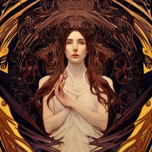 Prompt: A portrait of A beautiful!!!! angel in black flames by Ross Tran!! and alphonse mucha! and greg rutkowski and gustav doré!!,In style of digital art illustration.Symmetry.Highly detailed face.Fantasy,smooth,hyper detailed,sharp focus,Soft light.trending on artstation.4k