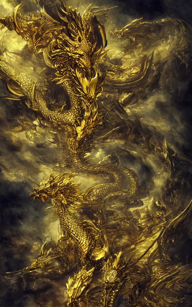 Image similar to golden dragon, epic, legendary, cinematic composition, stunning atmosphere by yoshitaka amano