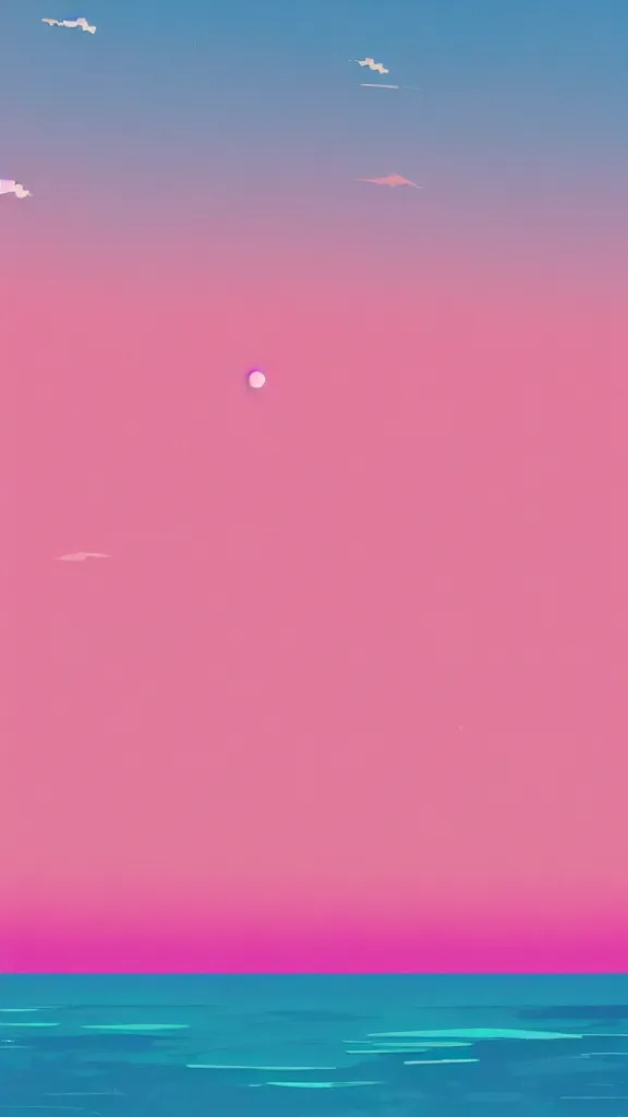 Image similar to beautiful beach horizon view of the tropical pink ocean on an alien planet, pink vaporwave ocean, clear sky, planet in space over the horizon, trending on artstation, digital art by hayao miyazaki, studio ghibli style