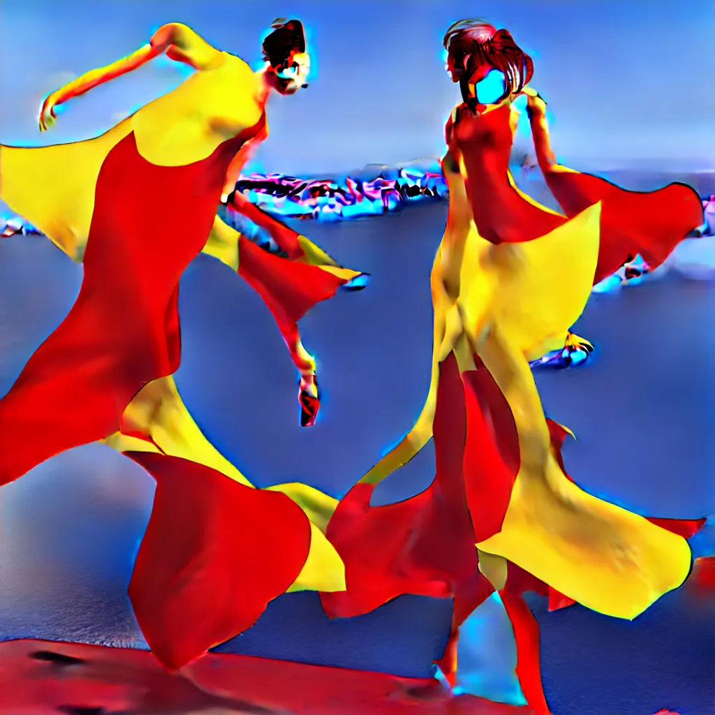 Prompt: beautiful modern dancer wearing a red and yellow and blue swirling dress, standing on a Santorini terrace looking at the ocean, artstation, cinematic, hyperrealistic, octane render, dynamic lighting