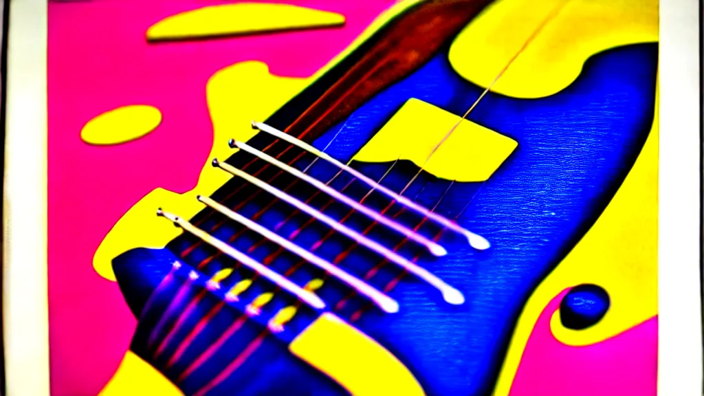 Prompt: advertisement poster of guitar from the future, multi color silk screen print made from commercial studio photo