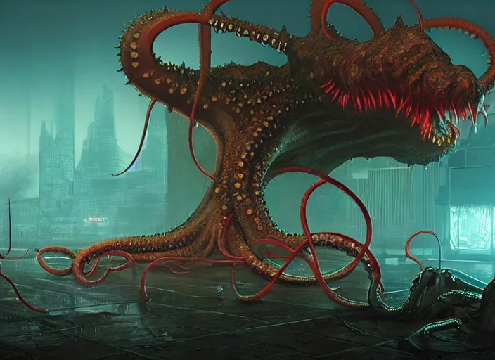 Image similar to giant monstrous aggressive spiked tentacle creature screaming at the camera, scene in a gas station with fluorescent lighting, epic science fiction horror digital matte painting by Moebius and Mark Brooks (and Greg Rutkowski), extremely detailed, artstation