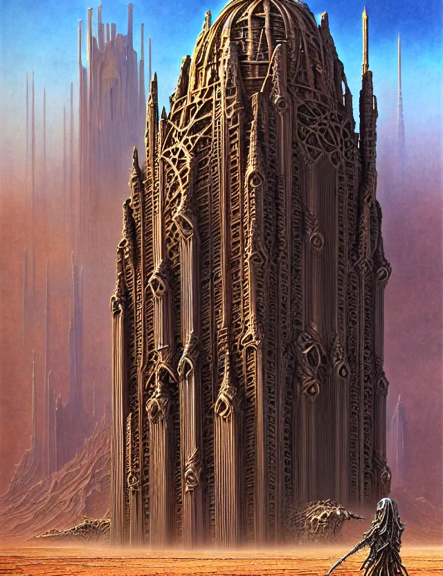 Image similar to giant immense crematorium advanced technology sci - fi architectural structure on desert planet, gothic architecture fantasy, d & d, intricate, painting by lucian freud and mark brooks, bruce pennington sakimi chan, fantasy armor, detailed face, dynamic lighting, tony sart