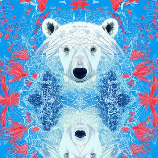 Prompt: blue paper + an intricate polar bear depiction + elaborate red illustration, very detailed, deviantart, 8 k vertical wallpaper, tropical, colorful, airy, anime illustration, anime nature