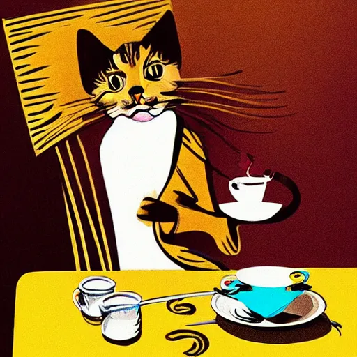 Prompt: A humanoid cat sipping coffee, vector art by Salvador Dali
