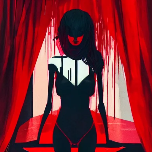 Image similar to pelham puppet behind red curtains by Conrad Roset and Nicola Samuri, medium shot, rule of thirds, seductive look, beautiful, intricate, dystopian, sci-fi, extremely detailed, digital painting, artstation, concept art, smooth, sharp focus, intimidating lighting, incredible art, details visible, very dark ambiance