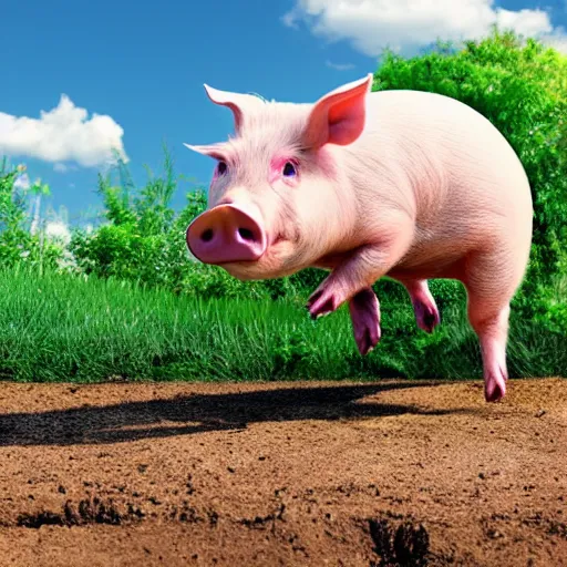 Image similar to a happy pig jumping around in a muddy enclosure. concept art. cute. blue sky. 4 k