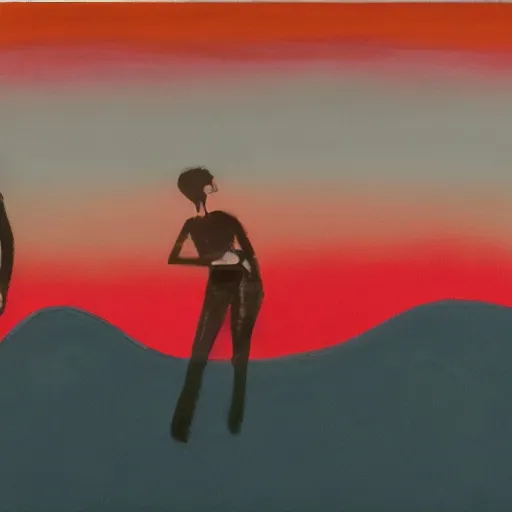 Image similar to a paint and pastel - on - board piece that shows a central androgynous figure against a blood - red sky. the person's mouth is open wide in a silent scream, while their eyes are black voids. they are surrounded by two other people, one of whom is also screaming. the background is a jagged landscape with mountains and water.