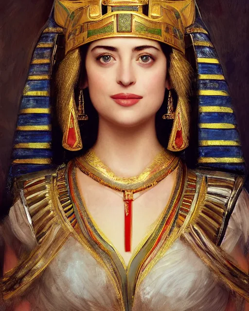 Image similar to Dakota Johnson as a beautiful egyptian princess, gorgeous, portrait, Symmetrical, powerful, intricate, beautiful, masterpiece, elegant, volumetric lighting, highly detailed, digital painting, hyper-realistic, artstation, sharp focus, no blur, illustration, William-Adolphe Bouguereau , ruan jia