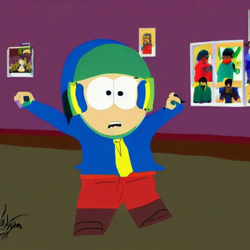 Prompt: a highly detailed painting of a boy in the virtual reality of southpark, he does a lot of mischief and dances with the other members of the series