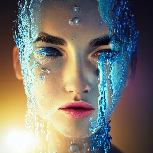 Image similar to water artwork manipulation in the shape of a beautiful female head, on the ocean water, ray tracing, realistic water sharp focus, long shot, 8 k resolution, cinematic, surreal water art