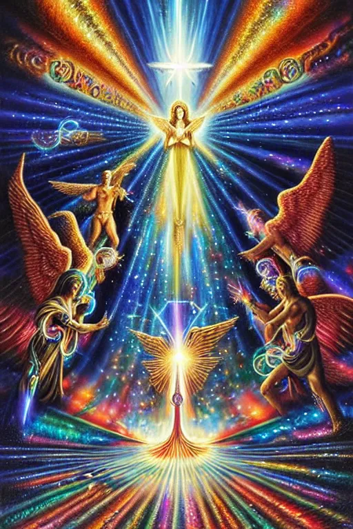 Prompt: a photorealistic detailed cinematic image of prismatic sparkling guardian spirits guiding a departed soul crossing the ornate portal to the afterlife. powerful, triumph, glory, astonishing, met by friends and family, overjoyed, by pinterest, david a. hardy, kinkade, lisa frank, wpa, public works mural, socialist