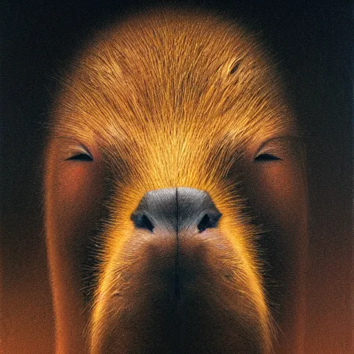 Image similar to a portrait of a capybara wearing a black hood, cloak covering face, anatomically correct, beautiful perfect face, enigmatic, oil painting, matte, black background, volumetric dynamic lighting, highly detailed, cinematic lighting, unreal engine, 8 k, hd, by beksinski