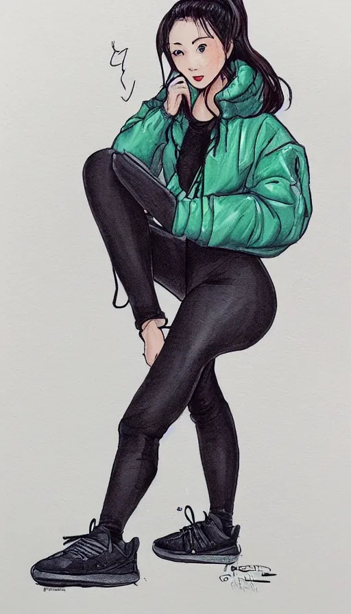 Prompt: a copic markers sketch of a girl wearing a puffy japanese anorak and tight leggings yeezy 5 0 0 sneakers