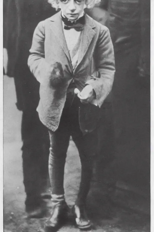 Image similar to Young Albert Einstein wearing a dunce cap, 1920's black and white photograph