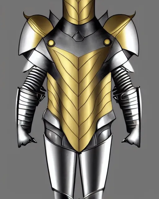 Prompt: suit of fantasy armor, shiny silver armor with gold trim, clean, flat shading, deviantart