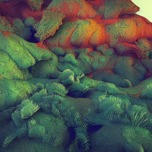 Image similar to digital art of a lush natural scene on an alien planet by lurid ( 2 0 2 2 ). beautiful landscape. weird vegetation. cliffs and water. grainy and rough. interesting colour scheme. soft warm colours. painting from high quality 3 d render. absurd.