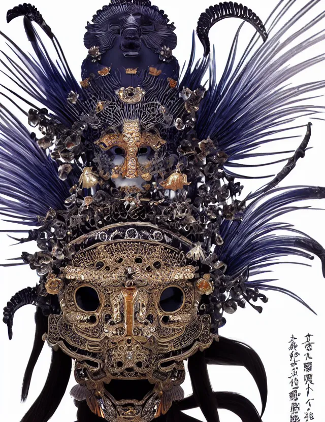 Image similar to goddess macro close - up portrait with crown and mask made of ram skull. beautiful intricately detailed japanese crow kitsune mask and clasical japanese kimono. betta fish, jellyfish phoenix, bioluminescent, plasma, ice, water, wind, creature, artwork by tooth wu and wlop and beeple and greg rutkowski