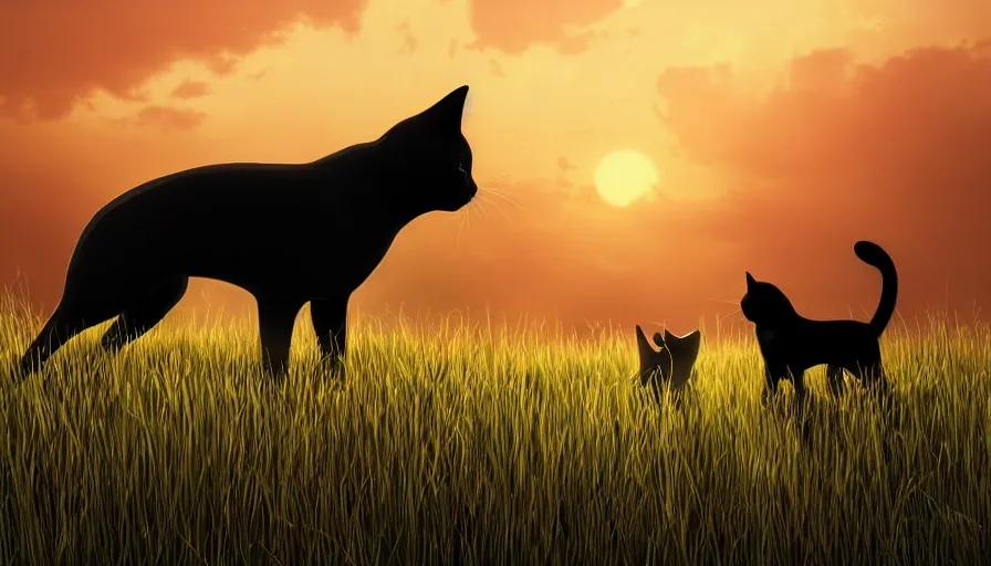 Prompt: side view of silhouettes of cat and dog facing each other in the grass during great sunset, hyperdetailed, artstation, cgsociety, 8 k