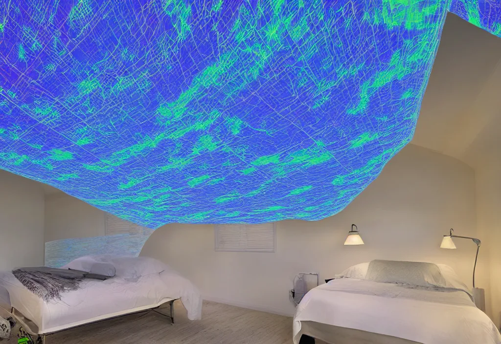 Prompt: curved translucent bedsheets projecting detailed holographic florida storm weathermap, pixel perfect photograph, high contrast, volumetric lighting, thin glowing lights, bedroom, visor, users, pair of keycards on table