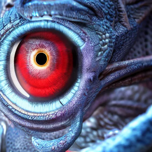 Image similar to big blue eye of ancient red dragon, close-up, high detail 3d model, Octane render, octane, 4k